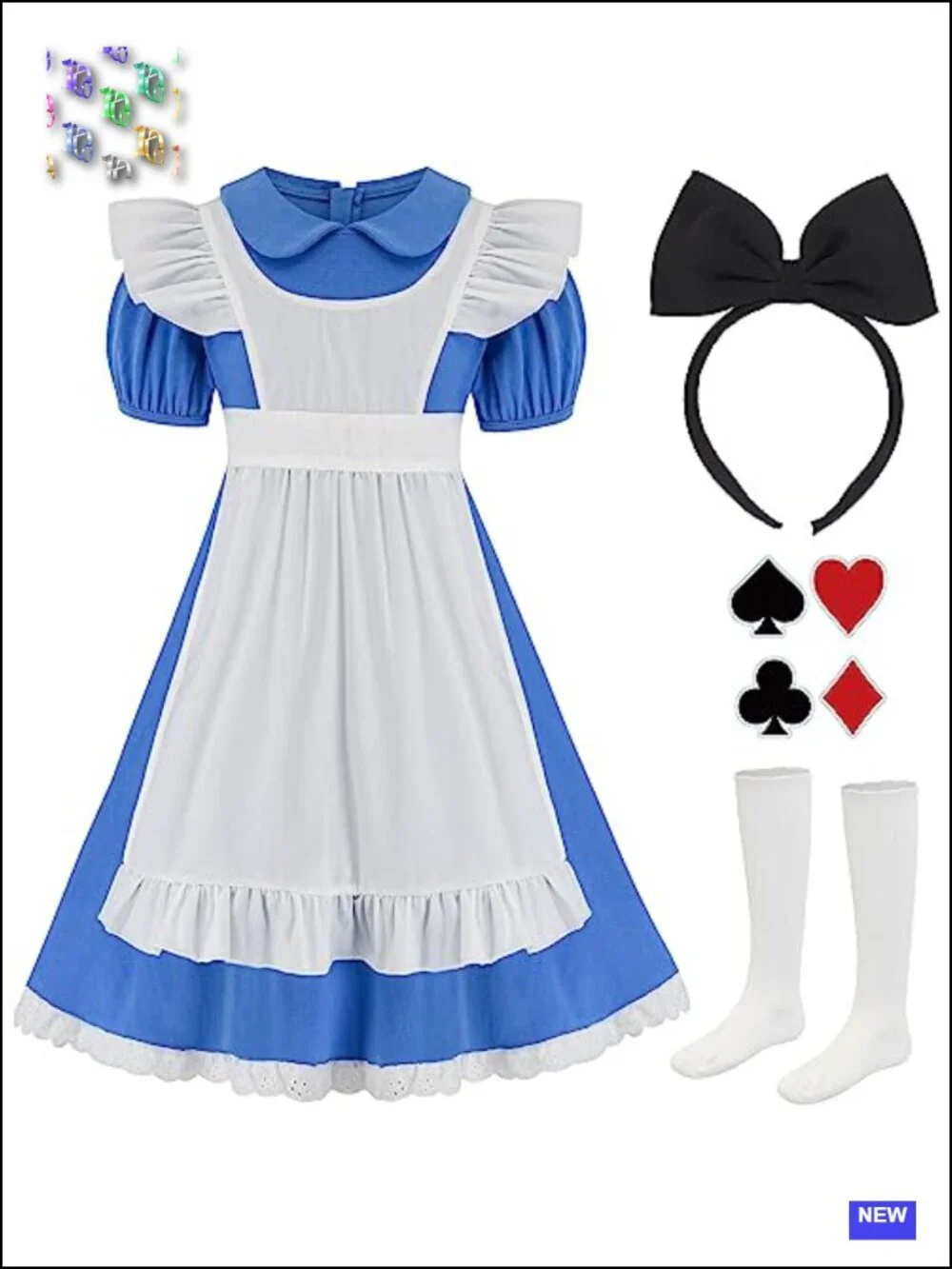 Girls Halloween Costume Dress Set with Apron Headband Socks Stickers – 5 Pieces